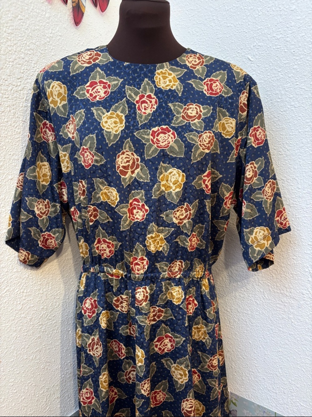 Vintage 1980’s navy red green and gold floral 1/2 sleeve midi dress. Size XL.